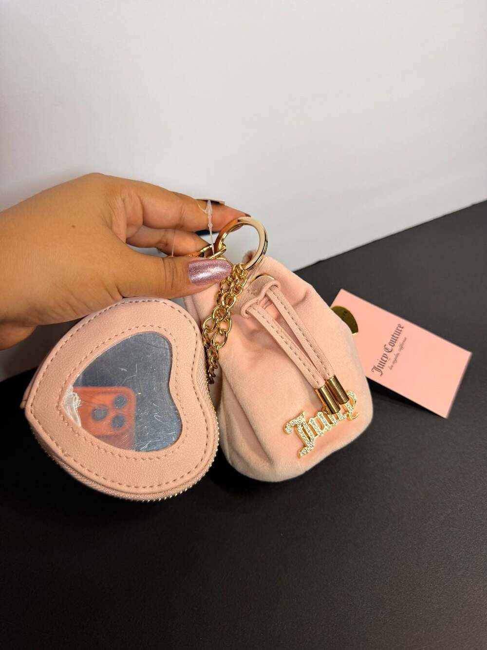 Juicy Couture Pink Velour Micro Drawstring Pouch with Heart Mirror Keychain Set